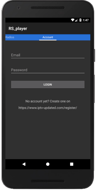 Account TAB in RS_player APP