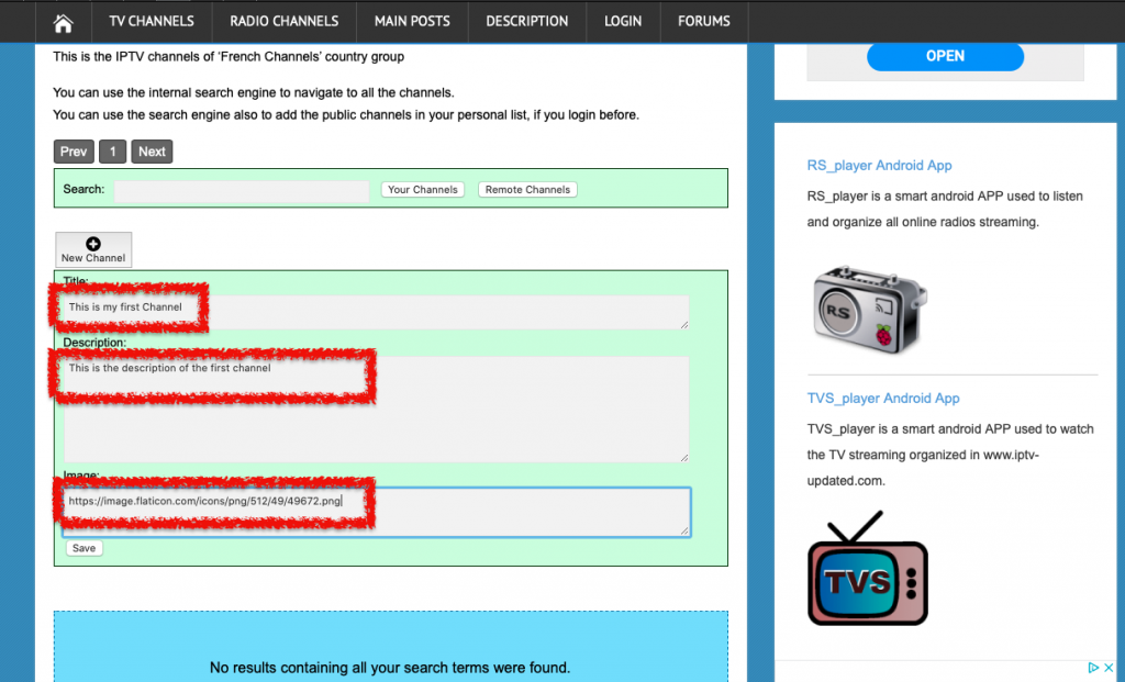 fill the box to create a new channel in iptv-updated.com